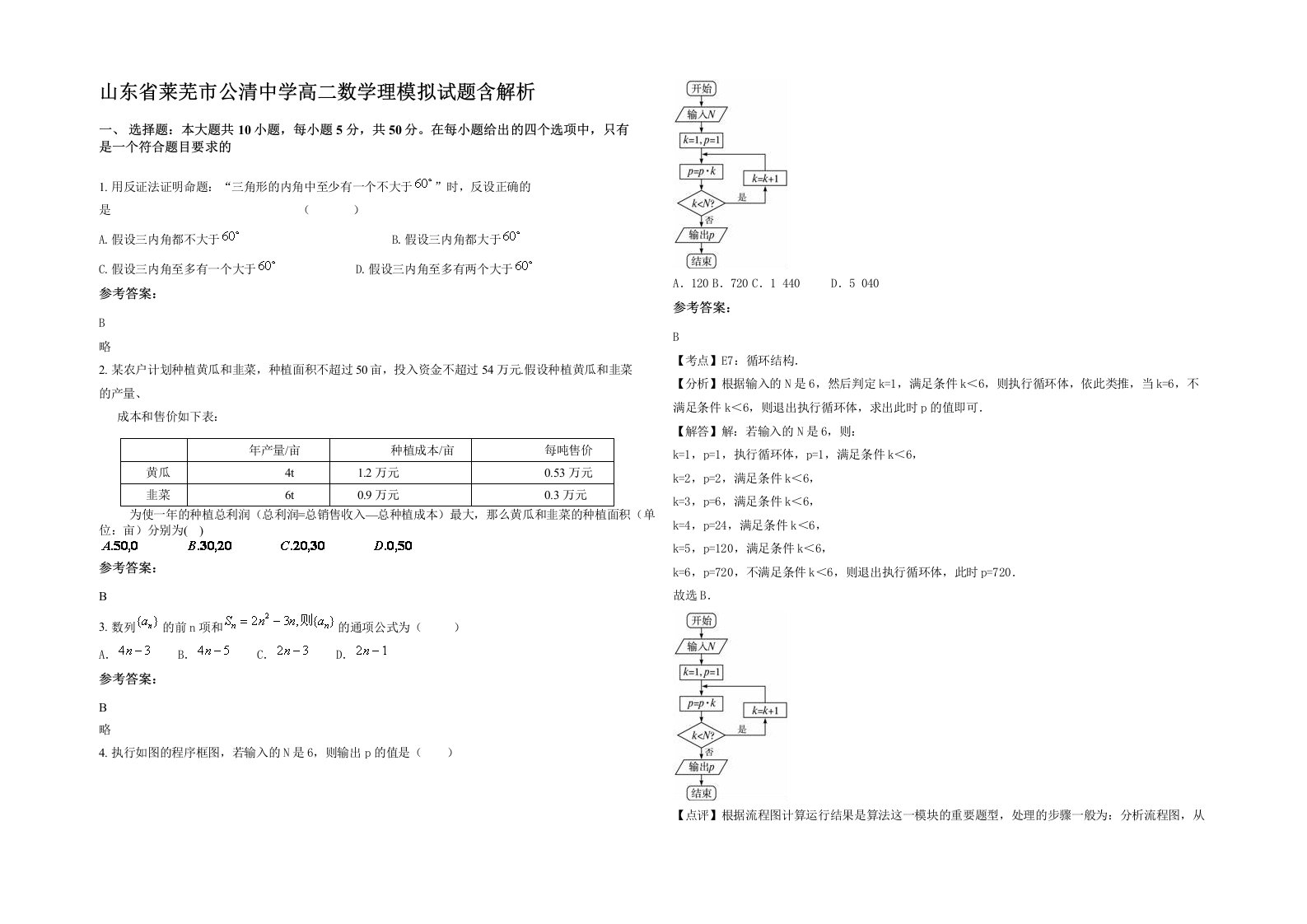 山东省莱芜市公清中学高二数学理模拟试题含解析