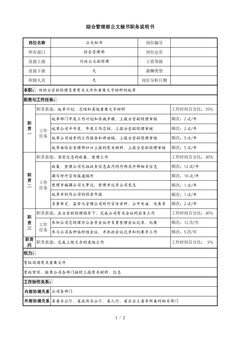 某投资公司综合管理部公文秘书职务说明书