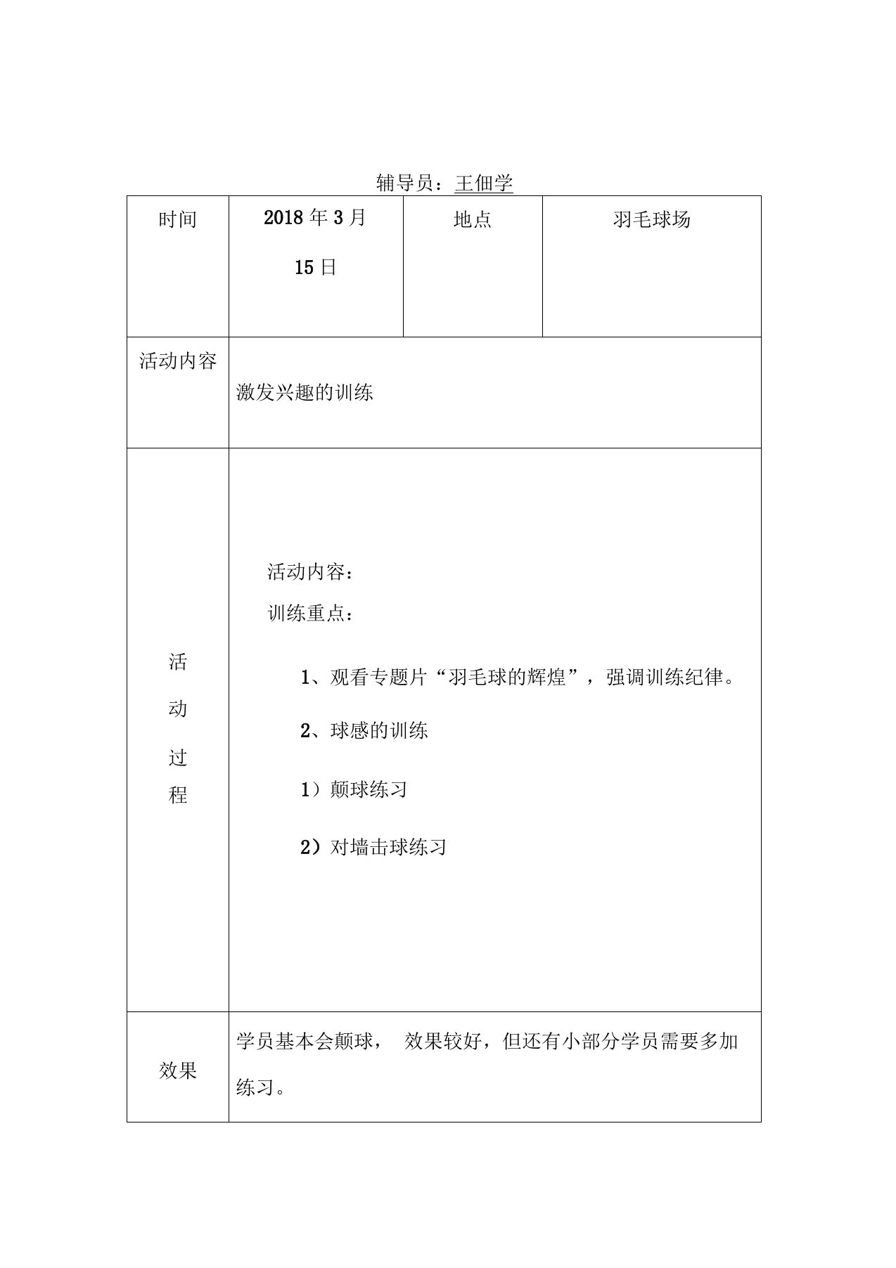 乡村少年宫羽毛球兴趣小组活动记录