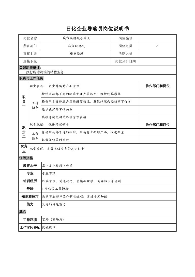 日化行业-日化企业导购员岗位说明书