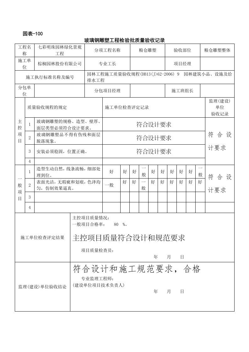 玻璃钢雕塑工程检验批质量验收记录