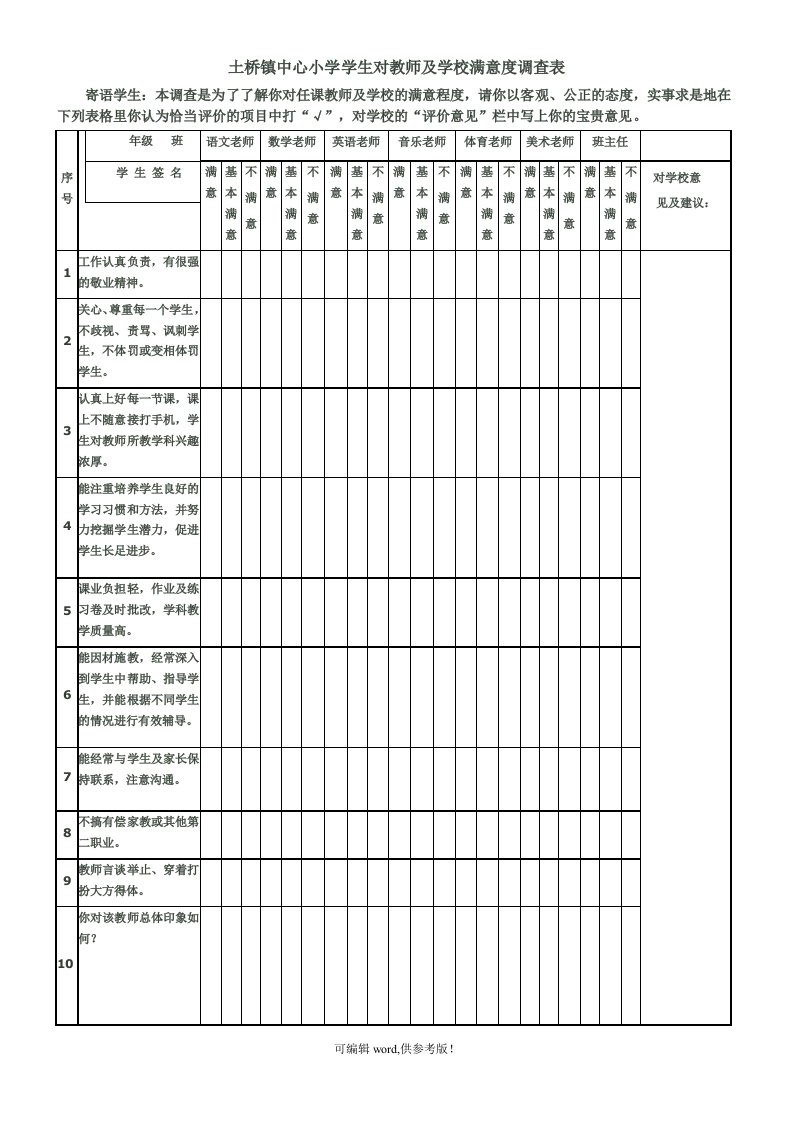 学生对教师满意度调查表