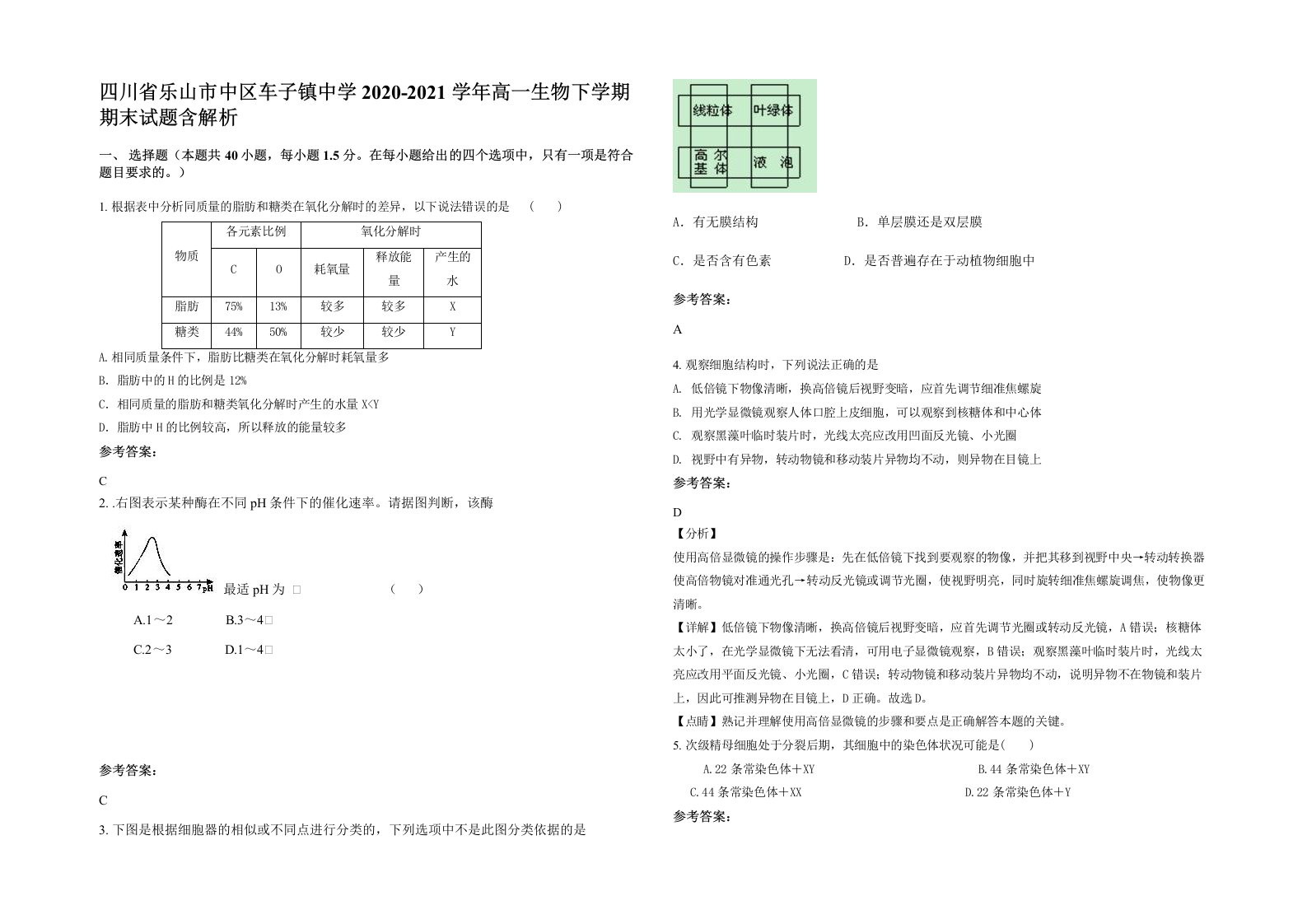 四川省乐山市中区车子镇中学2020-2021学年高一生物下学期期末试题含解析