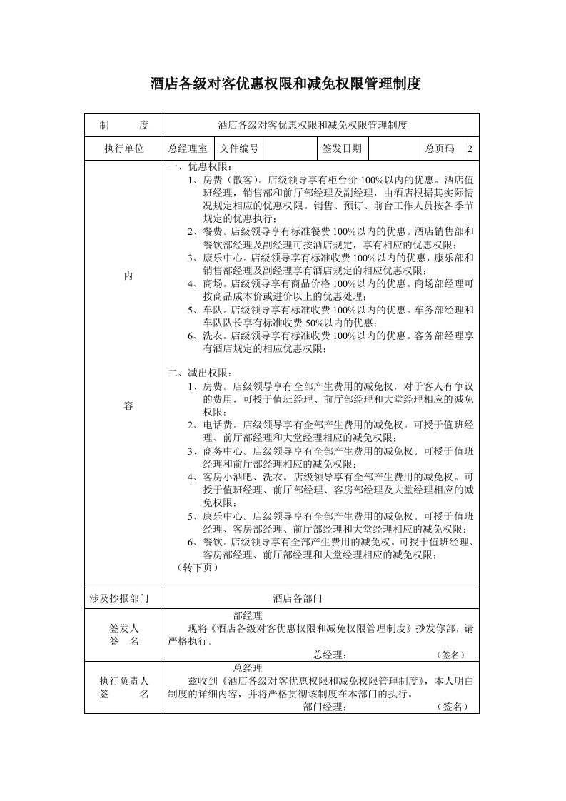 管理制度-A0215酒店各级对客优惠权限和减免权限管理制度