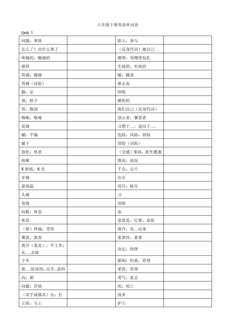 八年级下册英语单词表(听写版)