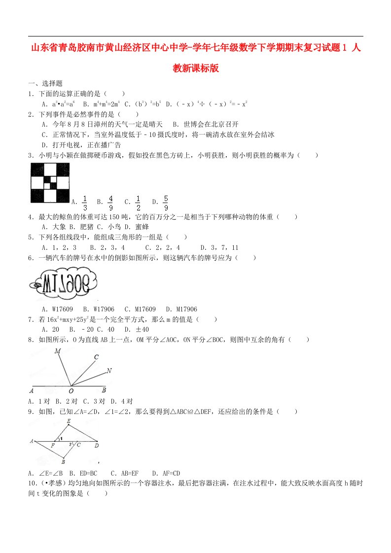 山东省青岛胶南市黄山经济区中心中学七级数学下学期期末复习试题1