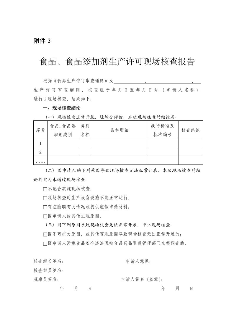 食品、食品添加剂生产许可现场核查报告