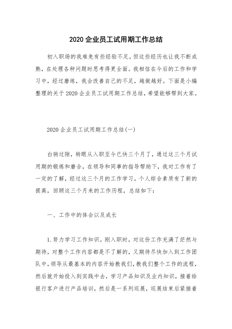 工作总结_2020企业员工试用期工作总结