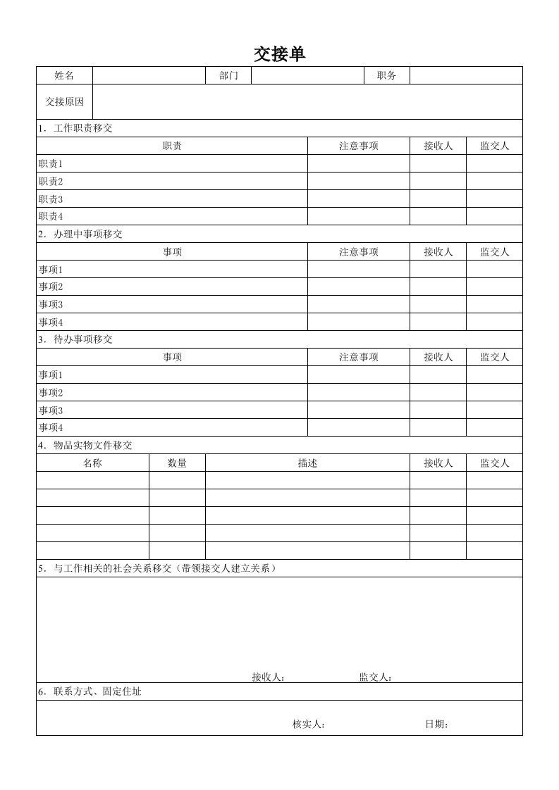 工作交接清单(可作为离职、调岗人员使用)