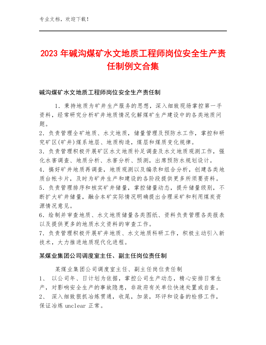 2023年碱沟煤矿水文地质工程师岗位安全生产责任制例文合集