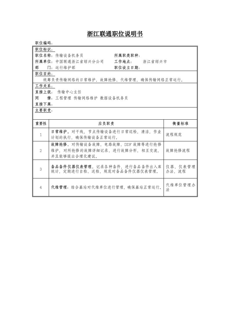 联通传输设备机务员职位说明书(doc)-设备管理