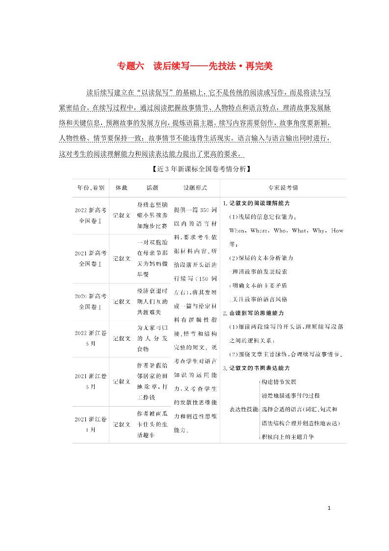 2023新教材高考英语二轮专题复习专题六读后续写先技法再完美命题篇：悟评分标准明努力方向