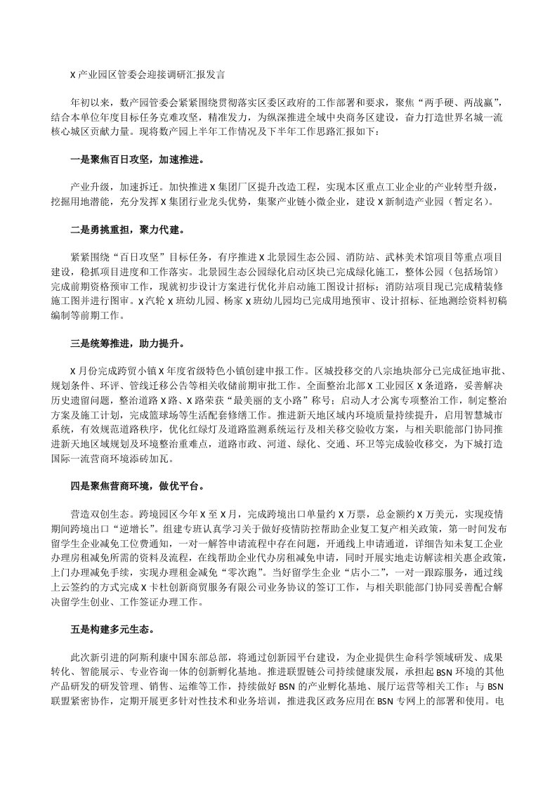 X产业园区管委会迎接调研汇报发言[修改版]