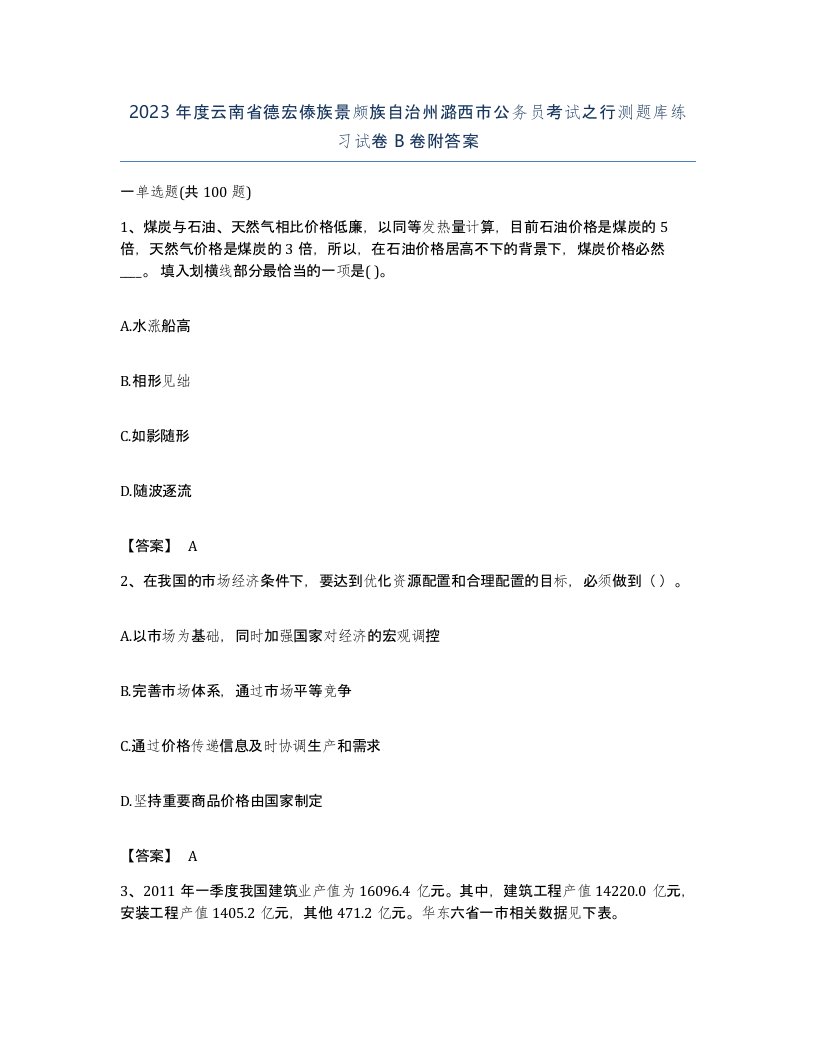 2023年度云南省德宏傣族景颇族自治州潞西市公务员考试之行测题库练习试卷B卷附答案