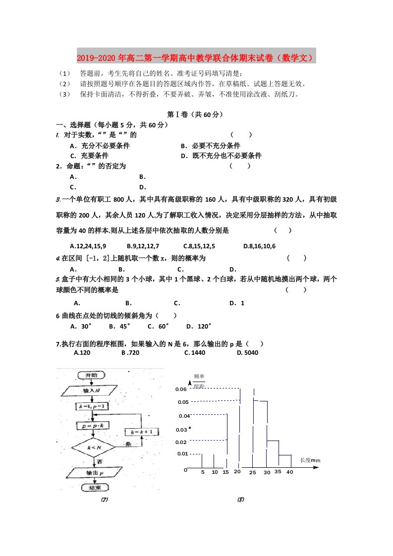 2019-2020年高二第一学期高中教学联合体期末试卷（数学文）