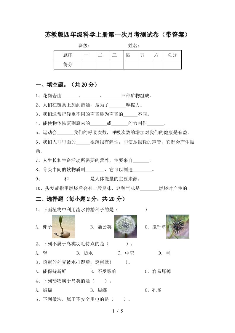 苏教版四年级科学上册第一次月考测试卷带答案