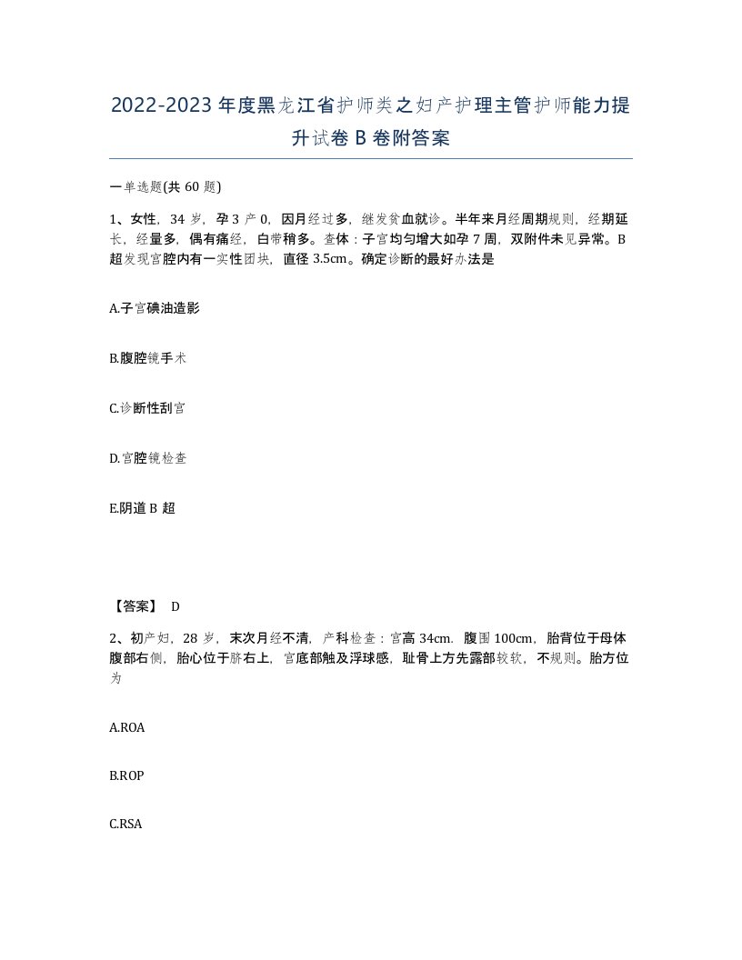 2022-2023年度黑龙江省护师类之妇产护理主管护师能力提升试卷B卷附答案