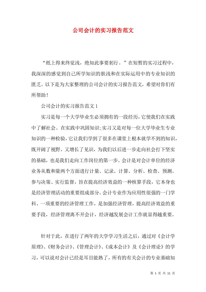 公司会计的实习报告范文