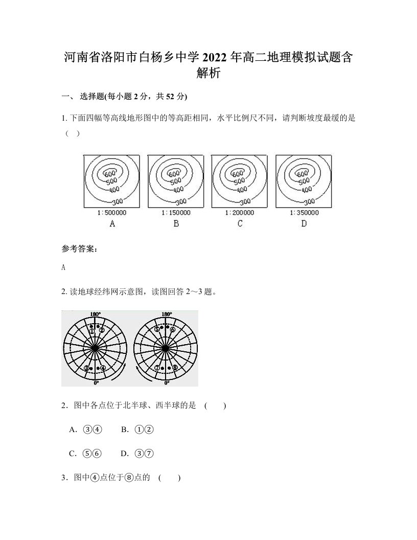 河南省洛阳市白杨乡中学2022年高二地理模拟试题含解析