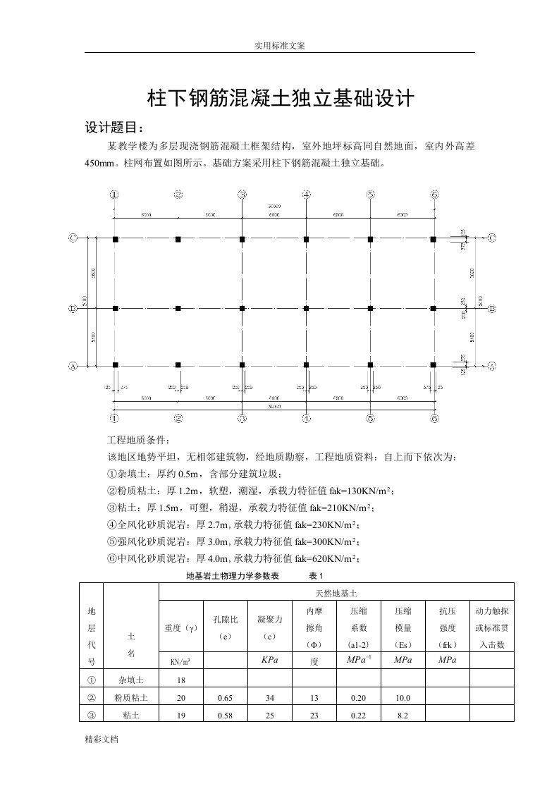 柱下某钢筋混凝土独立基础设计