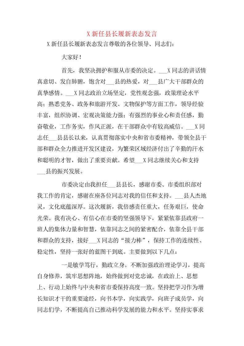 X新任县长履新表态发言