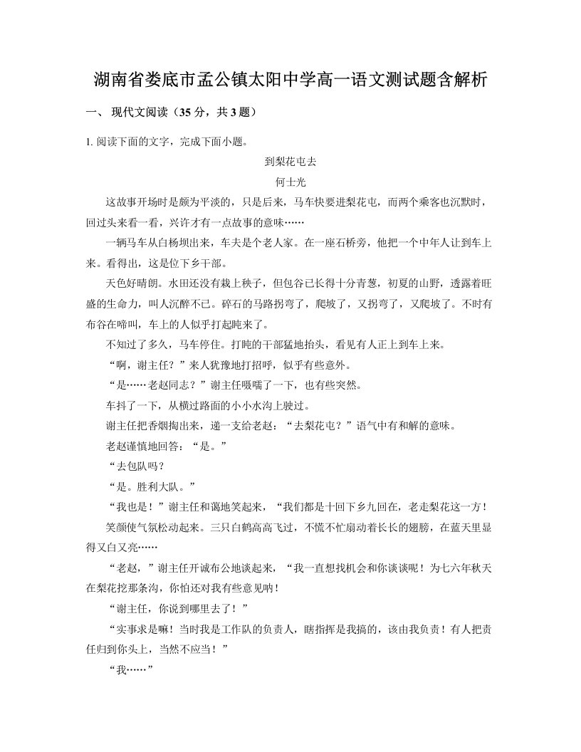 湖南省娄底市孟公镇太阳中学高一语文测试题含解析