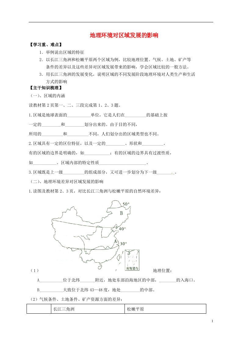 吉林省舒兰市第一中学高中地理《1.1地理环境对区域发展的影响》导学案（无答案）新人教版必修3