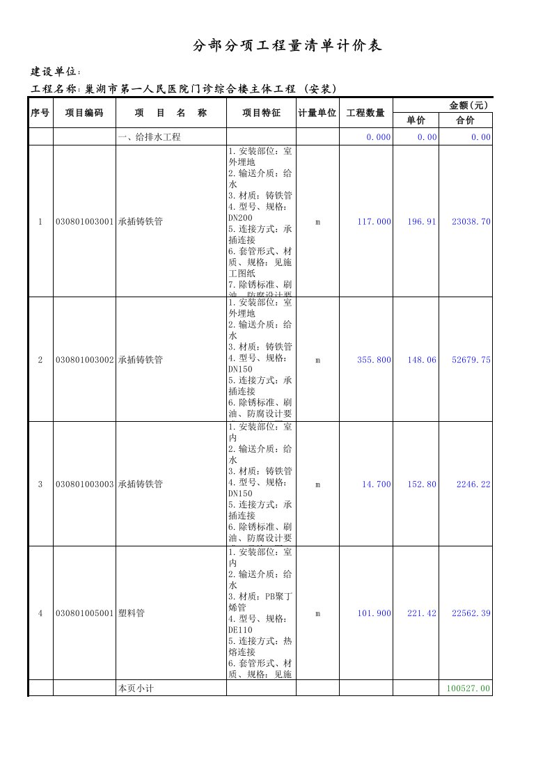 表格模板-安装分部分项工程量清单计价表