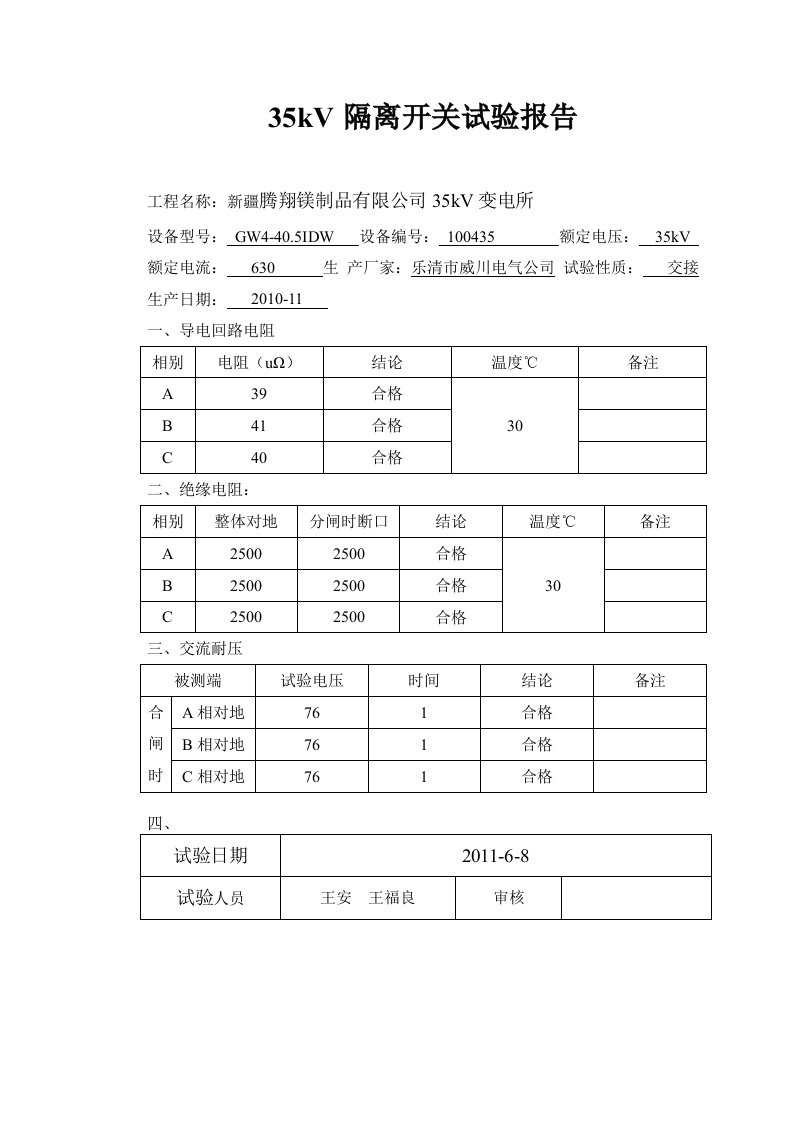 35kv隔离开关试验报告