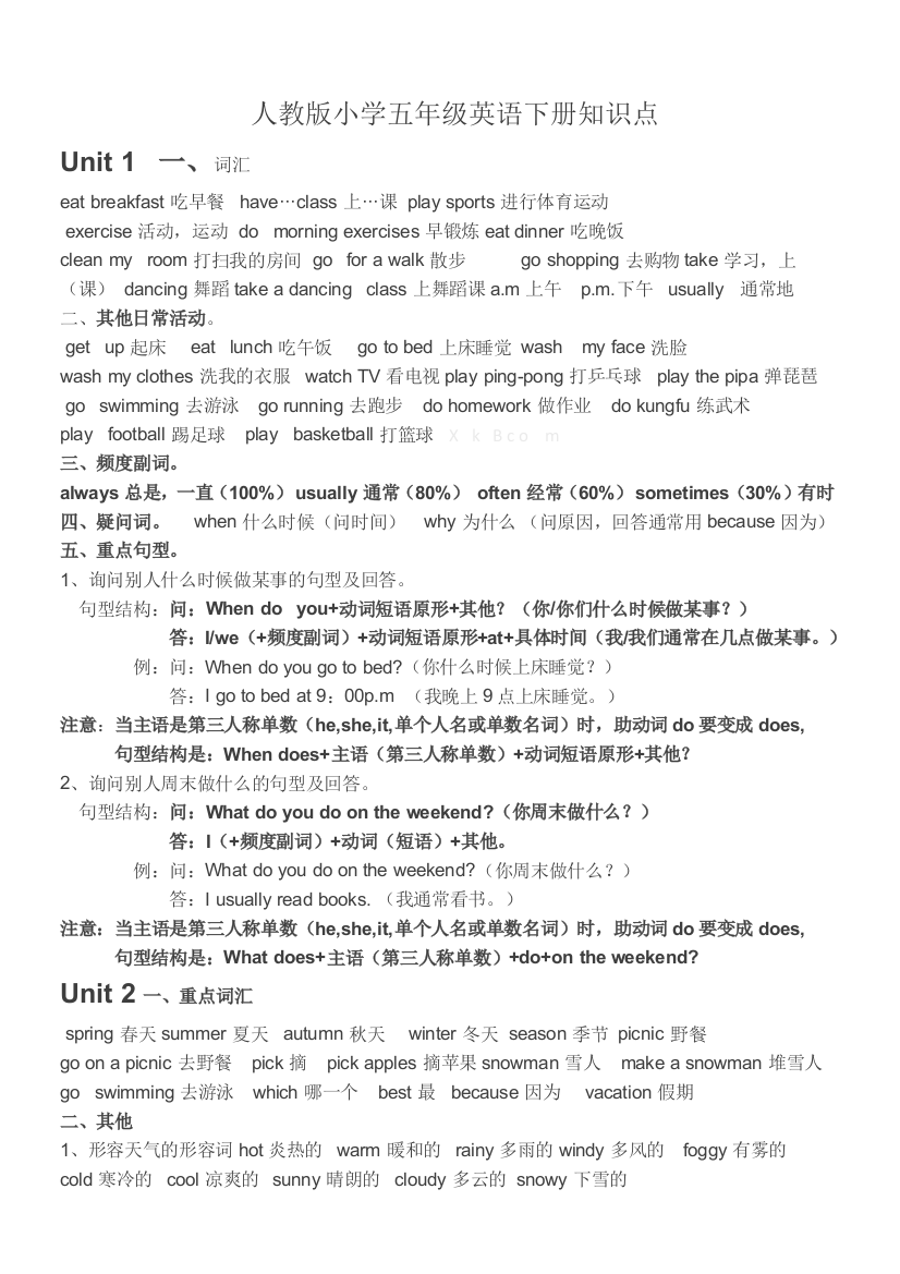 人教版小学五年级英语下册知识点