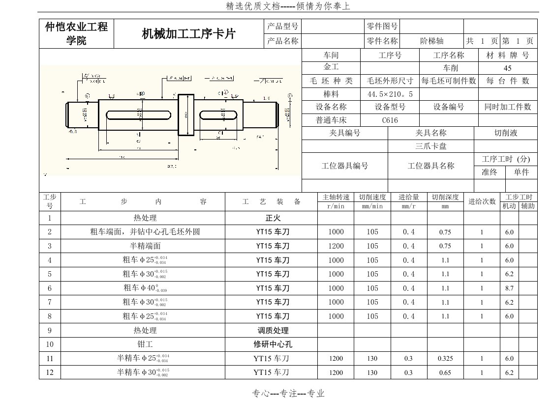 阶梯轴机械加工工序卡片(共2页)