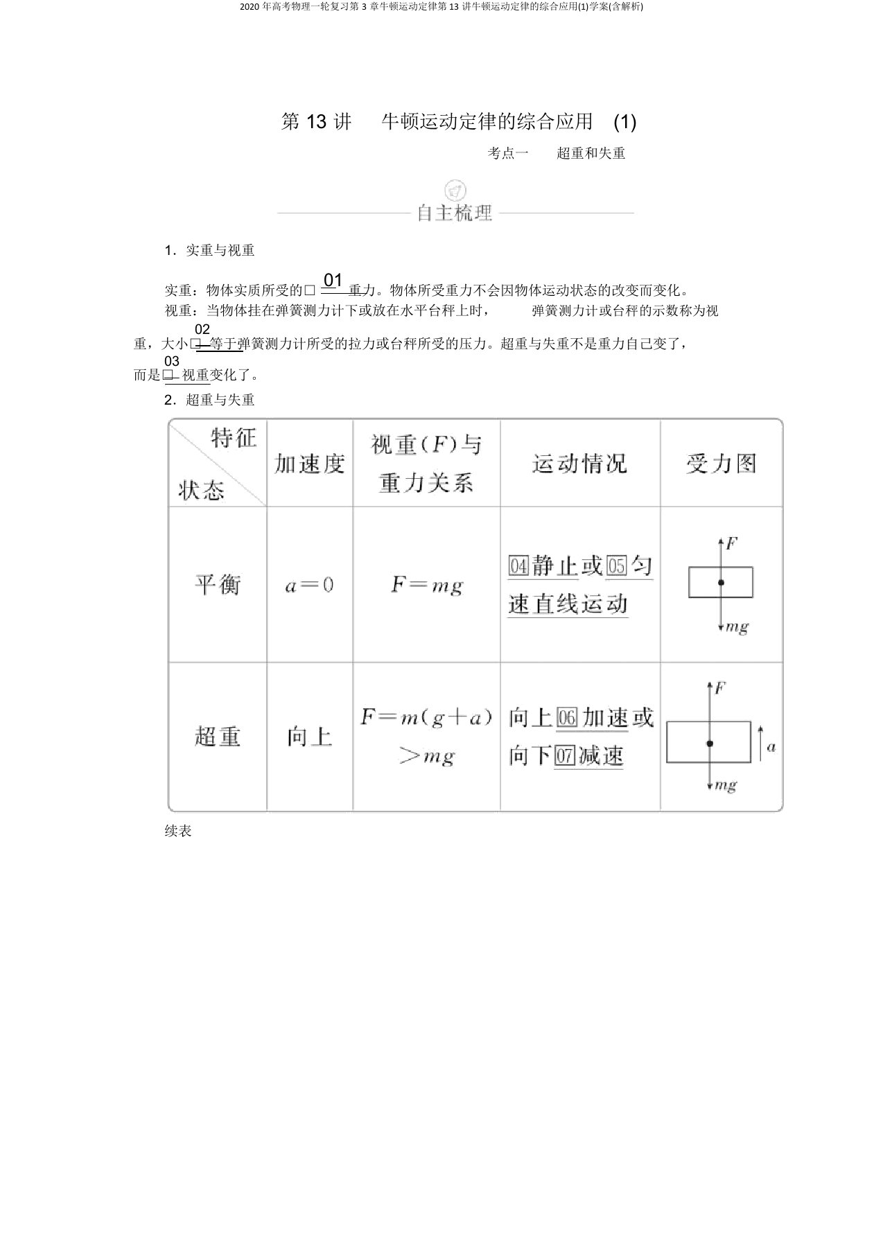 2020年高考物理一轮复习第3章牛顿运动定律第13讲牛顿运动定律的综合应用(1)学案(含解析)