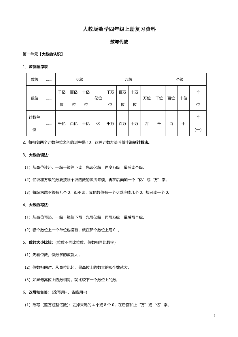 2017年人教版数学四年级上册复习资料