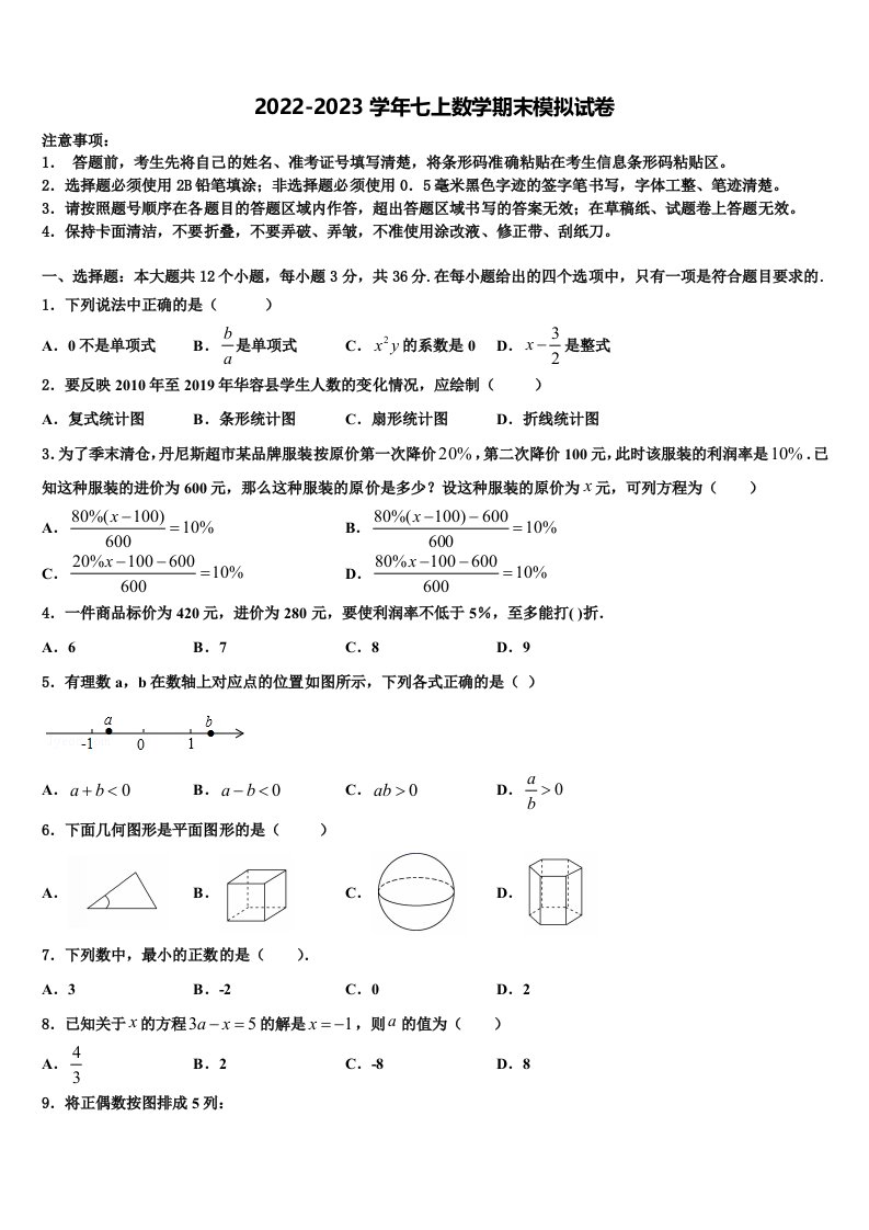 2023届浙江省义乌市六校联考七年级数学第一学期期末质量跟踪监视试题含解析