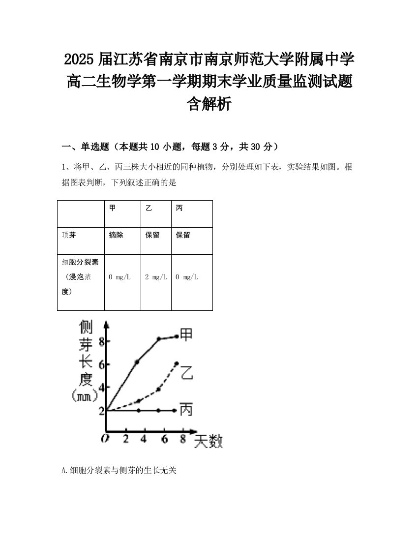 2025届江苏省南京市南京师范大学附属中学高二生物学第一学期期末学业质量监测试题含解析