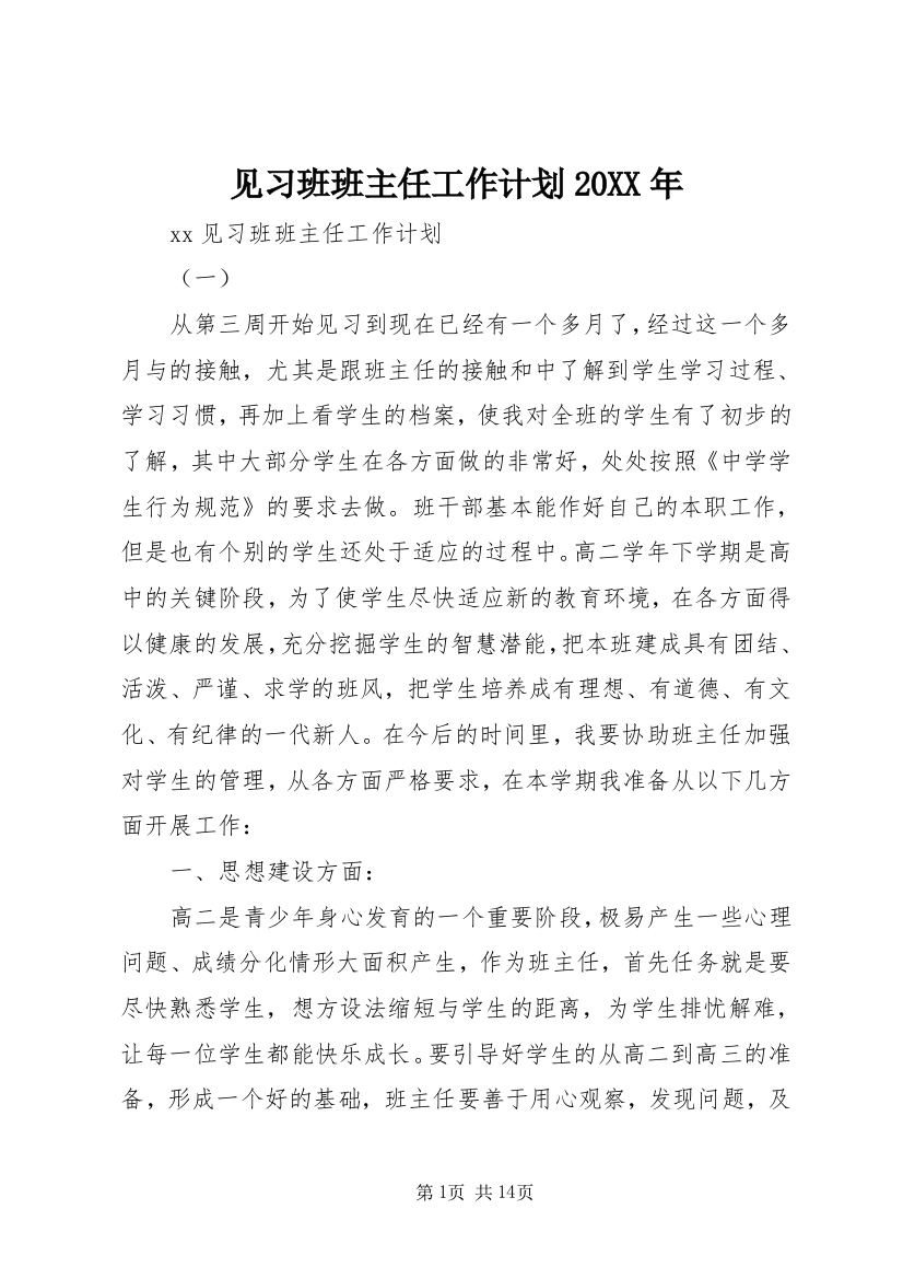 见习班班主任工作计划20XX年