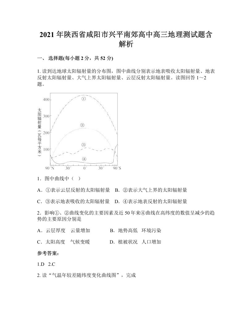 2021年陕西省咸阳市兴平南郊高中高三地理测试题含解析