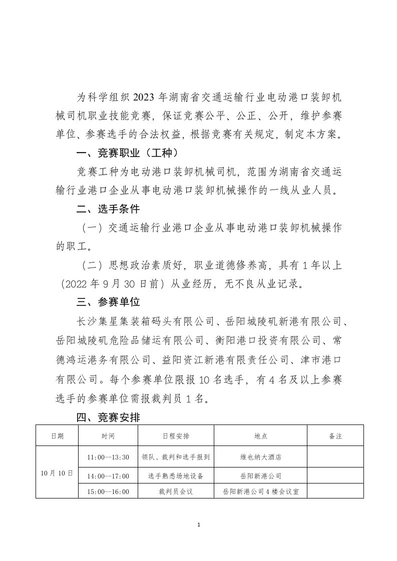 2023年湖南省电动港口装卸机械司机职业技能竞赛技术方案