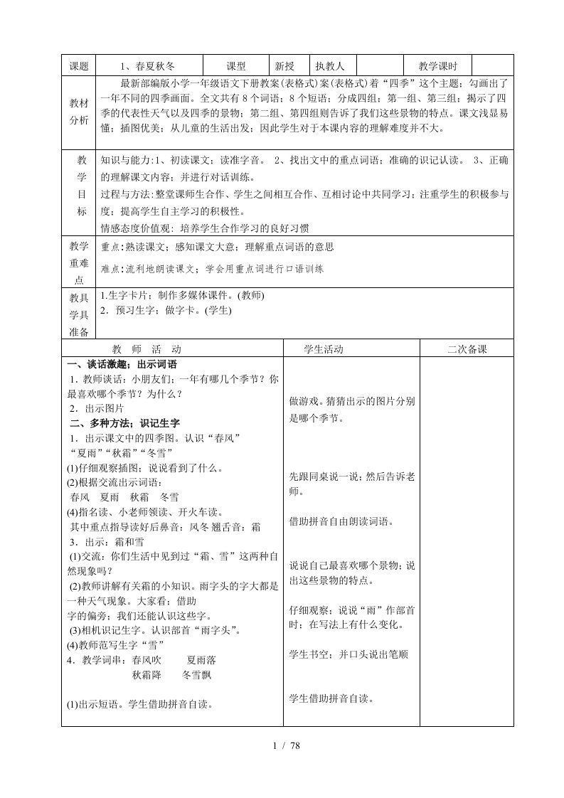 最新部编版小学一年级语文下册教案(表格式)