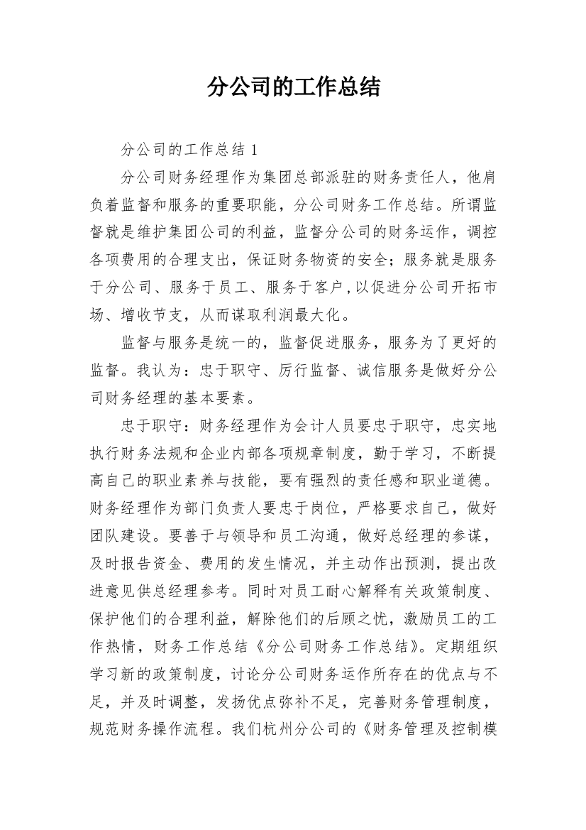 分公司的工作总结