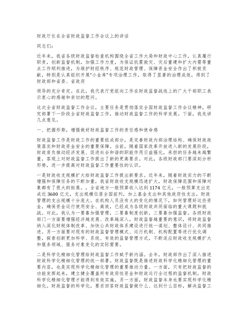 财政厅长在全省财政监督工作会议上的讲话