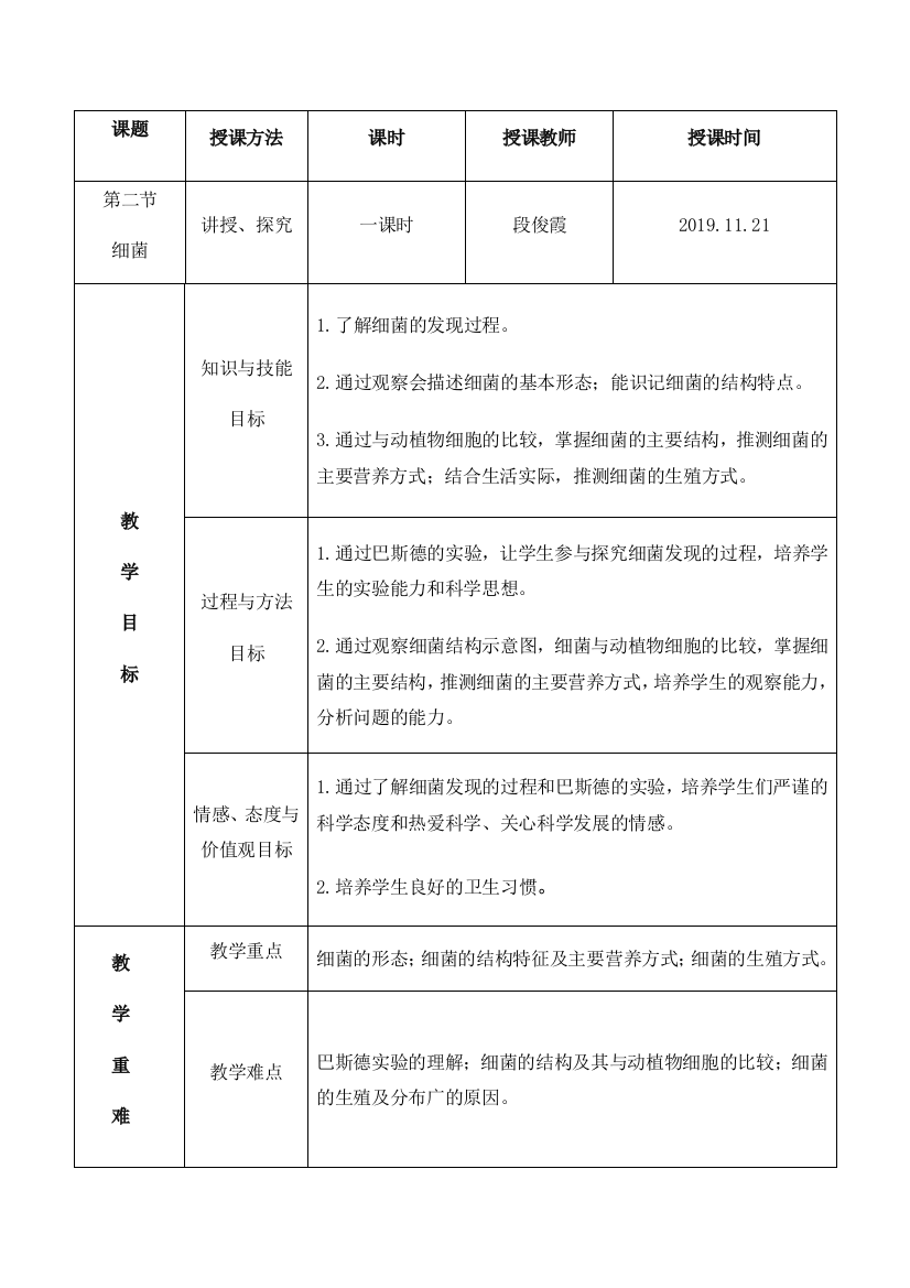 课题授课方法课时授课教师授课时间第二节