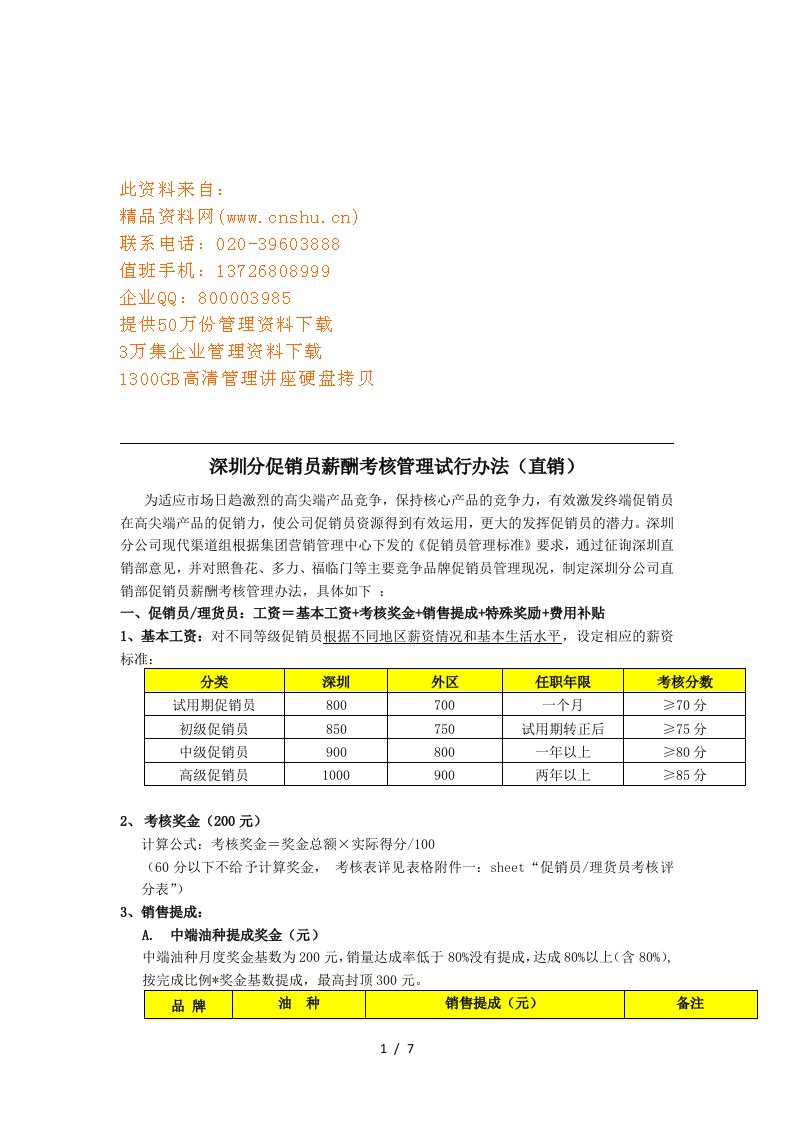 深圳分促销员薪酬考核管理试行制度