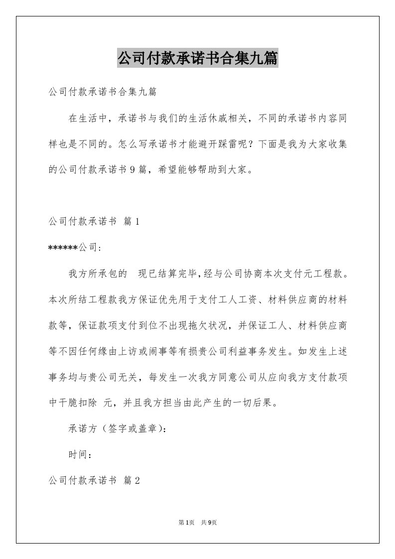 公司付款承诺书合集九篇