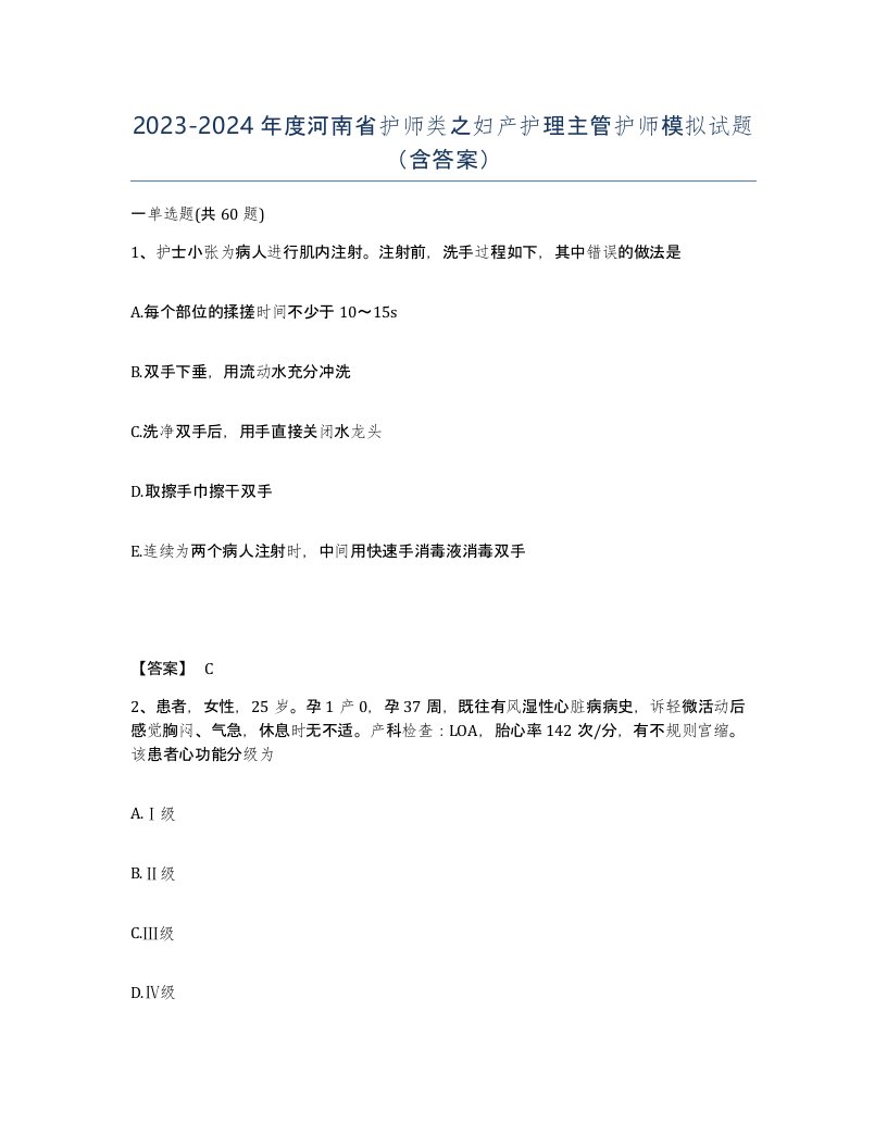 2023-2024年度河南省护师类之妇产护理主管护师模拟试题含答案