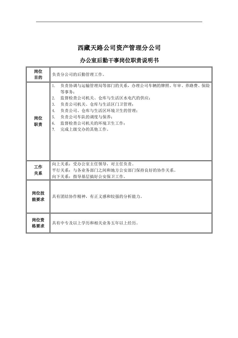 办公室后勤干事岗位职责说明书