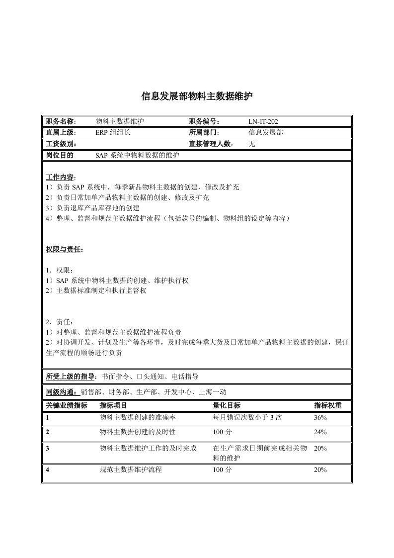 生产管理--体育用品行业信息发展部物料主数据维护岗位说明书