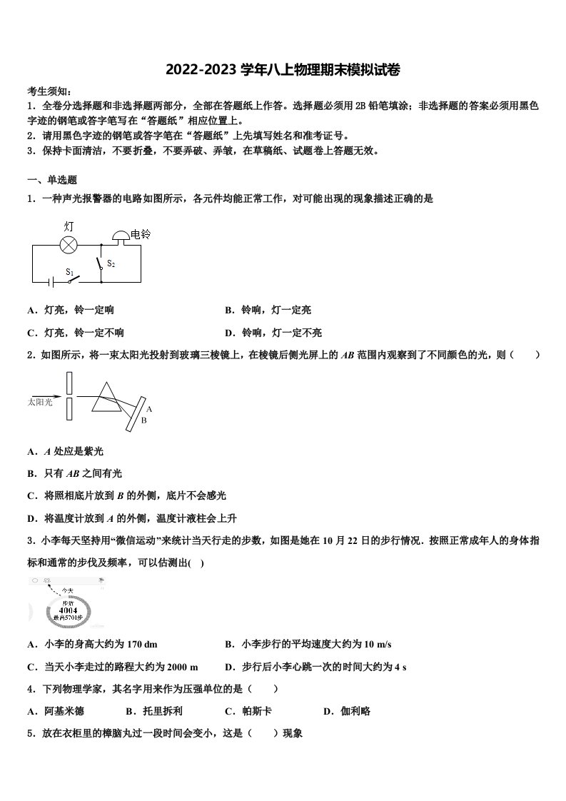 2022-2023学年安徽省铜陵市枞阳县物理八年级上册期末学业水平测试模拟试题含解析