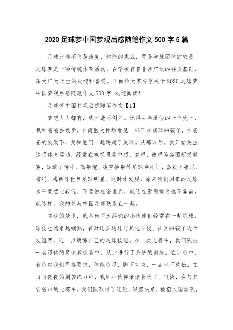 学生随笔_2020足球梦中国梦观后感随笔作文500字5篇