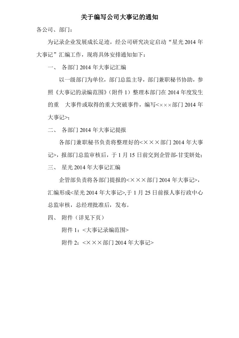 关于公司2014年度大事记收编的通知